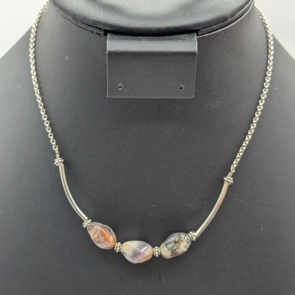 925 Sterling Silver Three Agate Stone Curved Bar Bead Chain 14"-16" Necklace